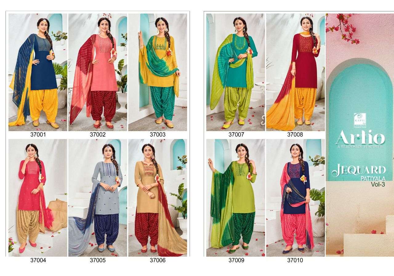 Artio By Kapil Trendz-Jecord Patiyala Vol 3-14-Kg-Rayon-Fancy-Work-Kurti-Cotton-Jacquard-Patiyala-Nazmin-Fancy-Jari-Dupatta-Collage